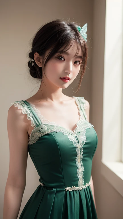 ((masterpiece)), (best quality), (simple style), green dress, Butterfly Heart, pleated lace, Edwardian lace dress.