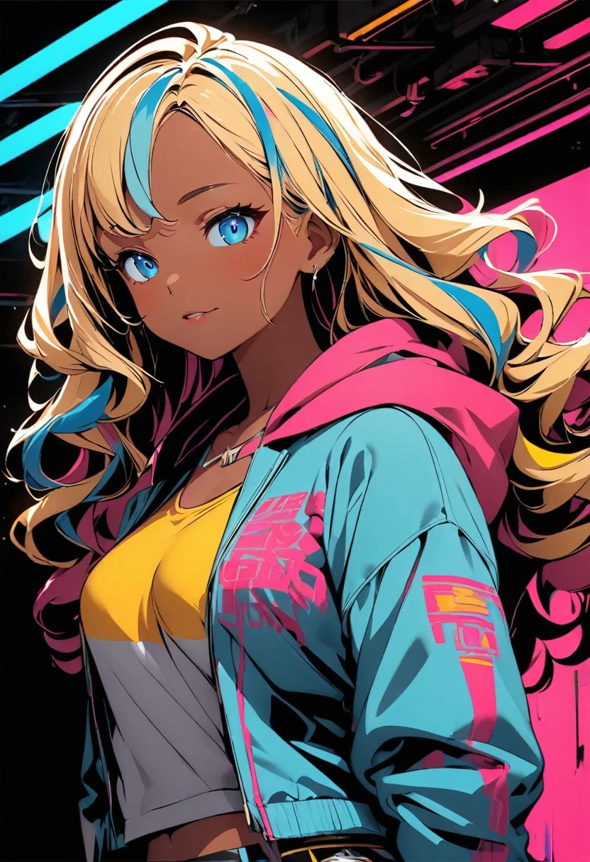 (high quality, 8k, 4K, High Contrast, masterpiece:1.2, 最high quality, Best aesthetics), (Dynamic Angle), ((Anime Girls)), girl、slim, stage、performance、Rock Music、Bright colors、Beautiful fine details、Beautiful lip detail、extra short hair, ((wavy hair:1.3))、messy hair, blonde and blue ((streaked hair:1.5)), highlights hair: 1.3, medium breast, (tan skin:1.3), cyber punk, Flat Color, Colorful art,hooded jacket, Looking at the audience, Upper Body, Colored Background, High Contrast, Contrasting colors, Cowboy Shot,