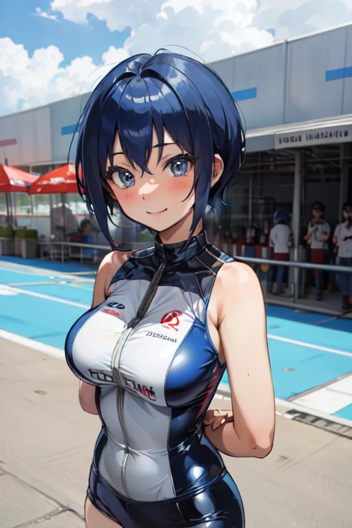 michirutojo, masterpiece, Looking at Viewer,
blue hair, large breasts,racing suit, Smile, Open clothe, blush,circuit pit,pit lane