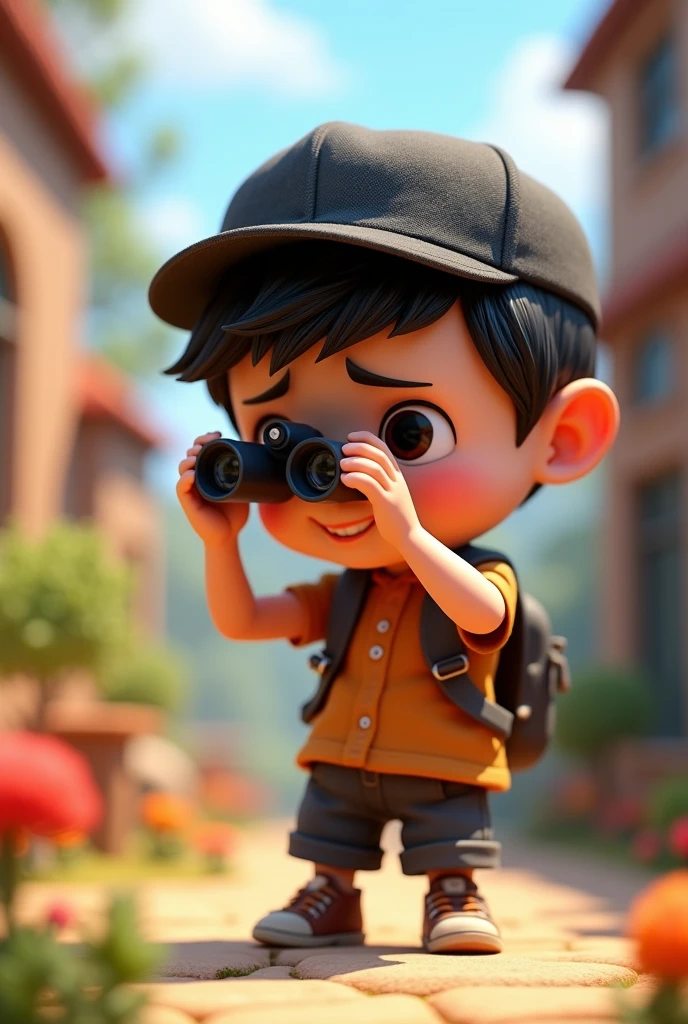 disney pixar 3d character of a fair-skinned boy with a black cap and looking through binoculars.body tilted to the left
, (best quality, ultra-detailed, realistic:1.37), vibrant colors, studio lighting, [3d rendering], [captivating expression], [playful pose], [outdoor environment], [attention to facial details], [lively background], [impressive artwork], [expressive eyes], [youthful energy], [detailed outfit], [distinctive black hair], [focus on camera], [playful atmosphere], [vivid colors], [dynamic composition], [attention to lighting and shadows], [engaging narrative], [creative exploration], [fantasy-inspired], [whimsical touch], [inspiration from Disney Pixar aesthetics], [magic in the air], [exciting adventure], [enthusiastic expression], [dynamic perspective], [joyful spirit], [captivating storytelling], [impressive detail in surrounding objects], [attention to textures and materials], [charming atmosphere], [captivating character design], [emphasis on facial features], [professional quality], [artistic finesse], [attention to depth and dimension], [playful interaction with the camera], [immersive experience], [expressive gestures], [energetic movement].