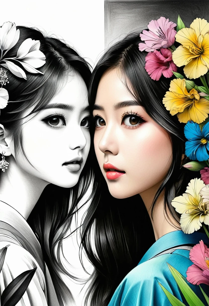 (Anime line drawing:1.5)，(black andwhite:1.45)，minimalism，(line art:1.6)，outline，Charcoal drawing，mask，flowers，The artwork should transition from a black and white pencil drawing style on the left half to vibrant colors on the right half., Ensure seamless integration between the two halves, without any dividing line, The scene is identical on both sides, with the left side featuring detailed black and white pencil strokes and the right side filled in with color, creating a harmonious blend throughout the image