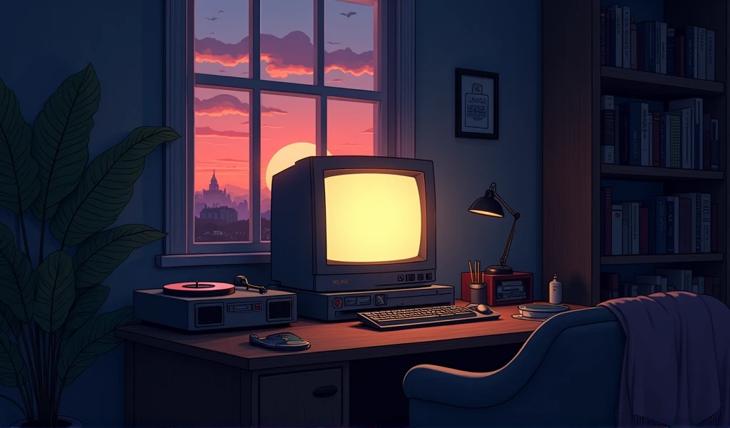 evening, 2D Style Anime, Lo-Fi, hard disk, Dark Environment、Desktop PC、unmanned、Private room、window、Bookshelf、Sunset、Record player、Ghibli style、Retro