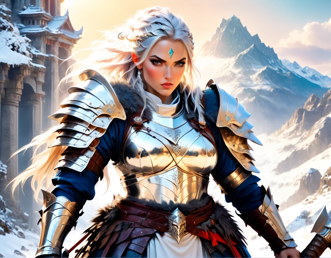 aa fantasy art illustration of a female giant knight armed with a ((mighty battleaxe: 1.5)) standing at the temple gates built on snowy mountain, (((she is as tall as the mountain: 1.3))) a wild beautiful, exotic beautiful giant knight, ((anatomically correct: 1.5), (ultra detailed face: 1.2), best detailed face, dynamic hair color, dynamic hair style, armed with a giant axe, shiny axe, its blade reflects the sunlight, studded with gems, wearing metal armor, dynamic armor color, wearing high heeled boots, standing near a fantasy temple, magnificent temple, with a tower, on snowy mountain (((she is as tall as the mountain:1.3))), vibrant, Hyperrealism style, vibrant, Ultra-high resolution, High Contrast, (masterpiece:1.5), highest quality, Best aesthetics), best details, best quality, highres, ultra wide angle, 16k, [ultra detailed], masterpiece, best quality, (extremely detailed) RAW, rpg portrait battleaxe 