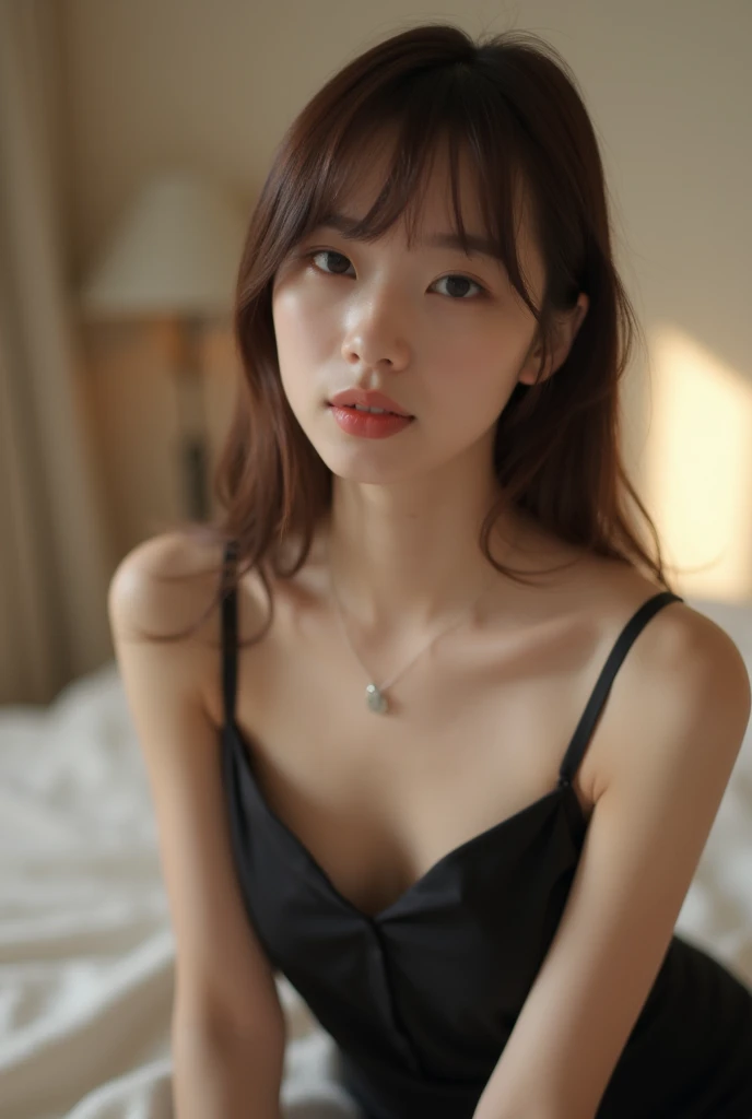 Highest quality、Portrait、Back view、Reality、live-action、Back view、Japanese、18-year-old、(Hostess)、Brown Hair、private、Off-shot、(Living Style:1.3)、(1 person)、(slender:1.2)、(Black camisole:1.3)、Lying down
