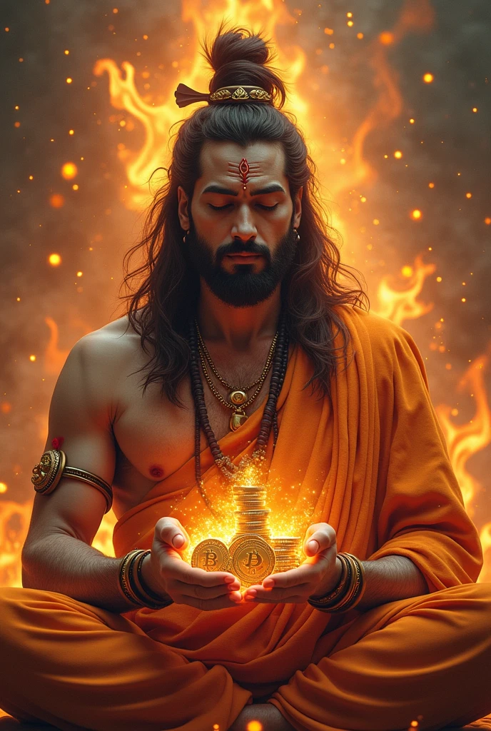 Lord Shiva in deep state , and modi holding bitcoins , fire background 
