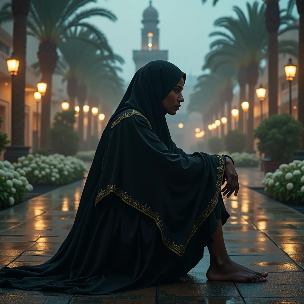 ((( masterpiece ))), (((Highest quality))), ((Very detailed)), (photograph), (photo:1.2) of One day with rain and fog at evening, a very beautiful black-skinned Syrian woman, squatting, on a side of a typical Arabic plaza (fountains, palm trees, columns and capitals, a synagogue and a minaret in the distance). She is in a resting pose with her arms covered by the sleeves of the dress and in the background you can see a desert dunes landscape. She is wearing a traditional female arabic dark black dress and her long black dress is embroidered with golden threads. Her hair is covered by a black chador and she has floral arrangements of white geraniums around her. Tilt angled POV. Cinematic lights. Masterpiece, best quality, 8K, photo realistic, wallpaper, wallpaper 8k, photographic contest winner, Hyperrealistic art cinematic film still photography in the style of detailed hyperrealism photoshoot. [Entire scene is surrounded by lights, evoking a magical and eerie atmosphere. The lighting is bright and atmospheric, with smoke adding a touch of sinister ambiance. Best quality image, HDR enhancement, showcasing the utmost level of detail and realism]. [8K, Best Quality, Ultra High Resolution, (highly detailed CG unity 8k wallpaper), (best photo), (best shadows), isometric 3D, octane rendering, ray tracing, highly detailed, (Best quality, 4K, 8k:1.2), absurdity, ultra detailed, (realistic, photorealistic, photorealistic:1.37), complex parts, HDR, (complex parts:1.12), (hyper detailed, hyper realistic, Soft lighting, spicy:1.2), (complex parts, Hyper detailed:1.15). Blurred foreground. (backlit), masterpiece, high quality, brightness, chromatic aberration, foggy smoke, shadows, contrast, clear sky, (warm hue, warm tone), high details, natural reflections].