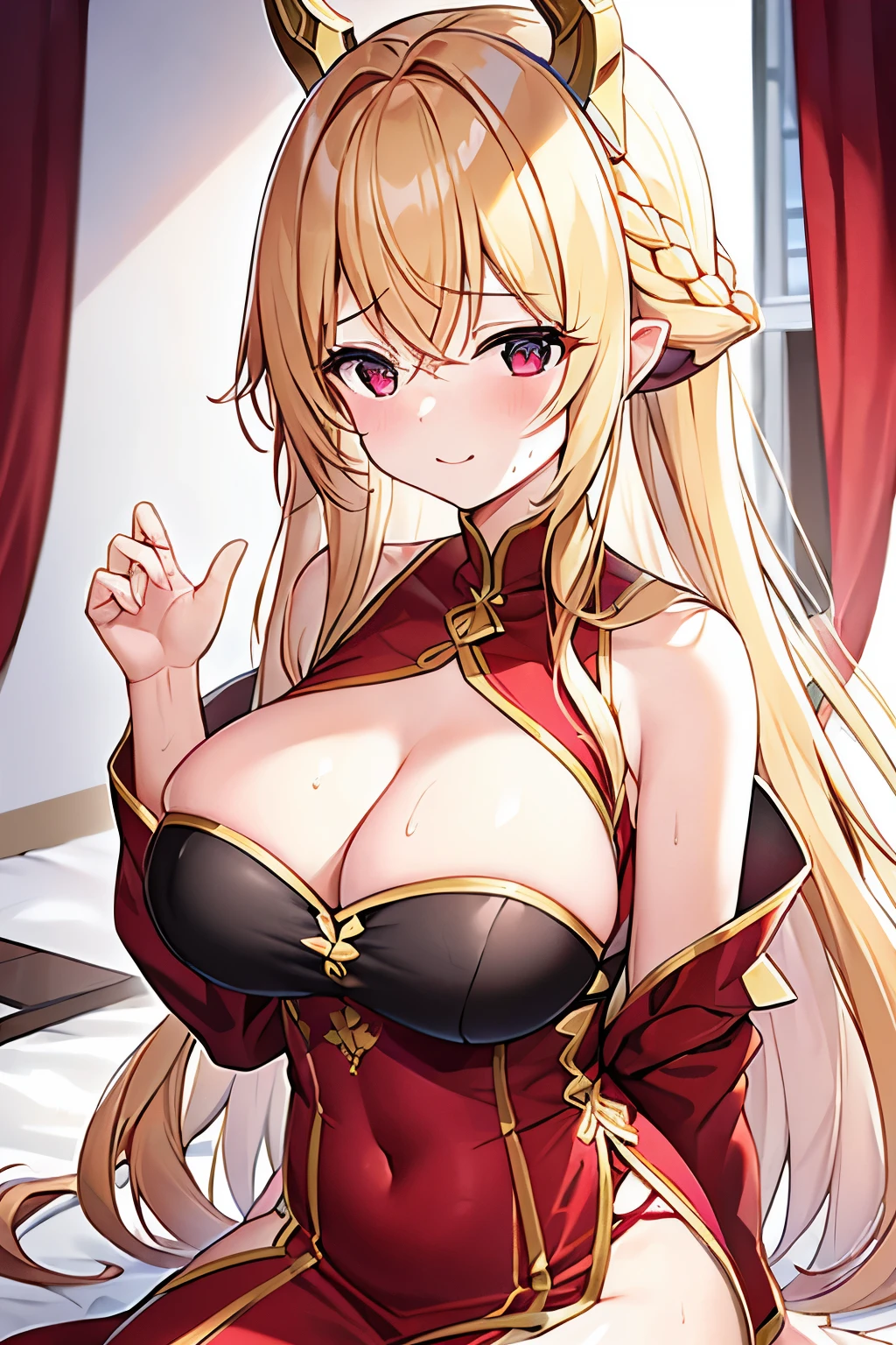 1 female、Golden Hair、Long Hair、Braiding、Red and white outfit、(Fallen Goddess)、Devil horns、((sexual excitement))、Estrus、Lust、Fan、(Aggressively designed clothes:1.3)、Expose、Don't be shy、lure、Immerse yourself in pleasure、Ecstatic expression、Visible Breath:1.2、Sweaty、Looking down at the screen、Bigger breasts、Belly button、Shoulder Bare、hair accessory、