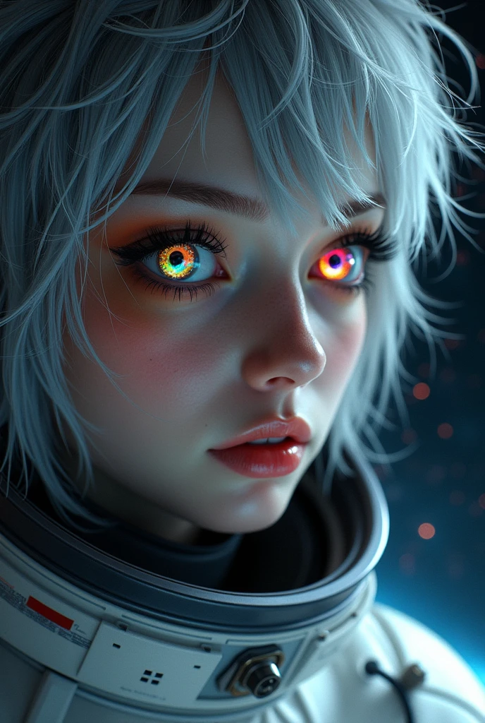 (Close-up of a better masterpiece:1.5)0.9], (Space and astronauts:1.2) (Messy silver hair:1.1) (Heterochromia xanthochromia and blue eyes:1.2) (Space Helmet:1.0) (Colored stars in the eyes:1.0) (A radiant glow:1.1) (thick lips:0.9)