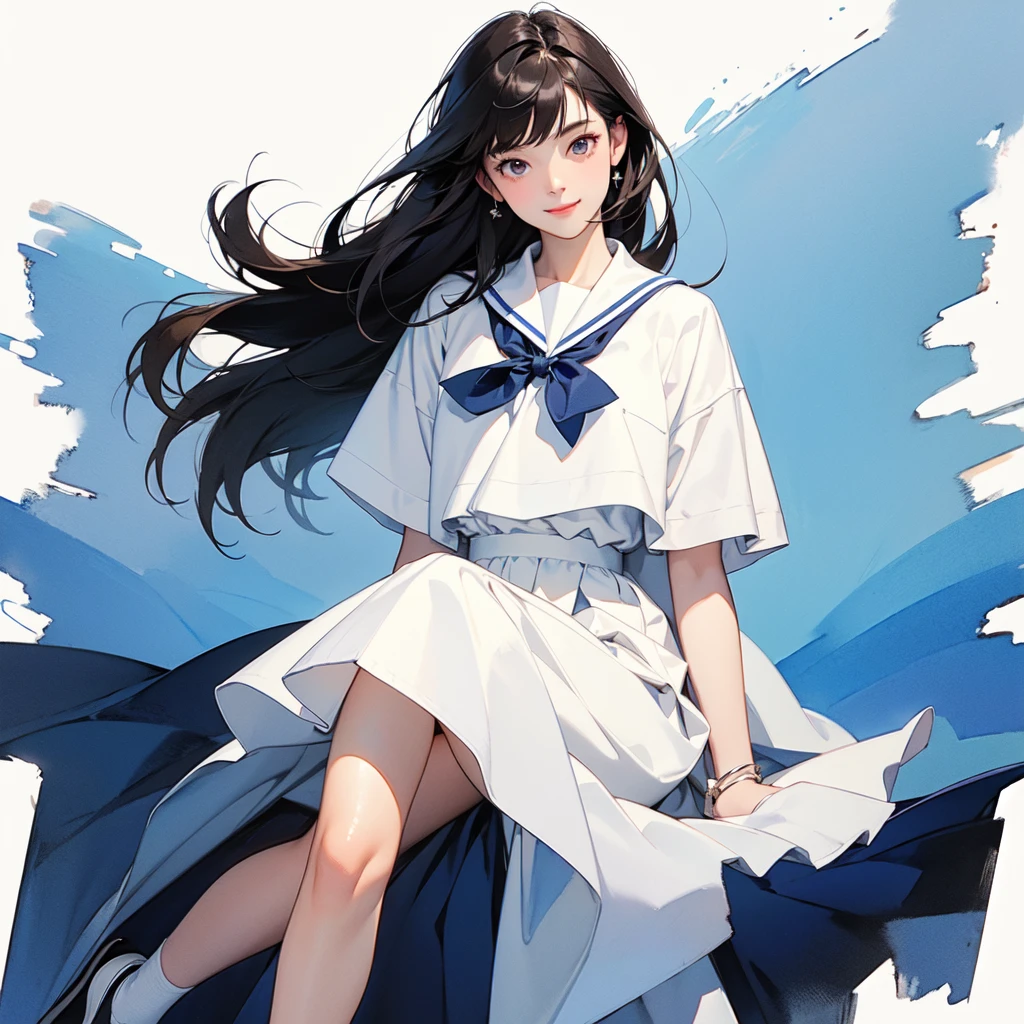 (1 Girl、alone、whole body、natural standing posture)、(whole body:1.4)、(Portraiture:1.2)、(Detailed facial depiction、A kind smile)、Short dark brown hair、White Sailor Suit、Navy blue sailor color、uniform、Long skirt、Pleated skirt、shoes、(Vintage、Classic)、((No background))、((White Background))、Blur the background、((Watercolor of singer Sargent))、Impressionist style painting、(Highest quality、masterpiece)、