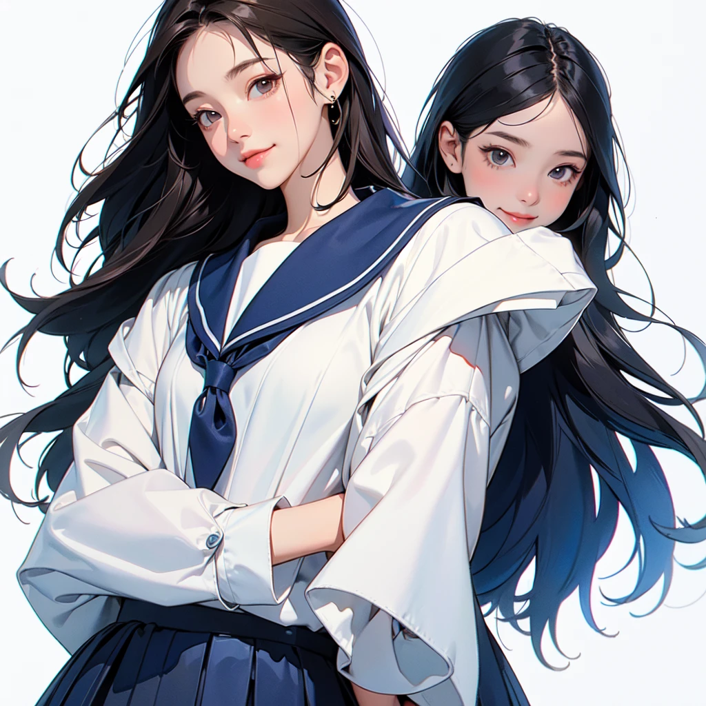 (1 Girl、alone、whole body、natural standing posture)、(whole body:1.4)、(Portraiture:1.2)、(Detailed facial depiction、A kind smile)、Short dark brown hair、White Sailor Suit、Navy blue sailor color、uniform、Long skirt、Pleated skirt、shoes、(Vintage、Classic)、((No background))、((White Background))、Blur the background、((Watercolor of singer Sargent))、Impressionist style painting、(Highest quality、masterpiece)、