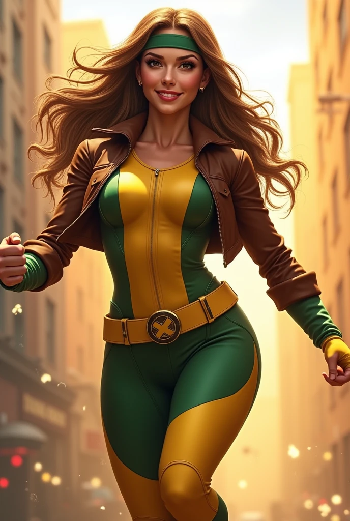 Rogue, X-Men, age 20-30, young, beautiful, smiling, white girl, long brown hair with silver strands upfront, dark green headband, flying, muscle flex, nice body, full-clothed, brown cropped jacket, x symbol on left chest, belt with x logo, green spandex shirt with yellow chest, yellow spandex pants with green on the sides, yellow high boots, sunny background, battle damage,