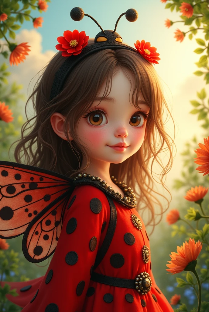 Ladybug girl with brown hair,brown eyes