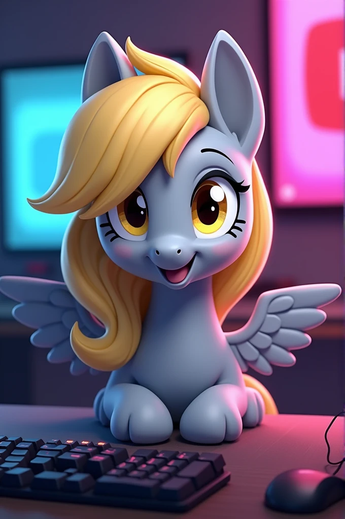 I want a picture of Derpy Hooves her skin color is gray, and her hair is golden, golden eyes and grey wings, I want it to be on a gamer PC looking at the camera and the monitor, this is a YouTube channel that says "doge the experimenter" RGB lights and Derpy is happy