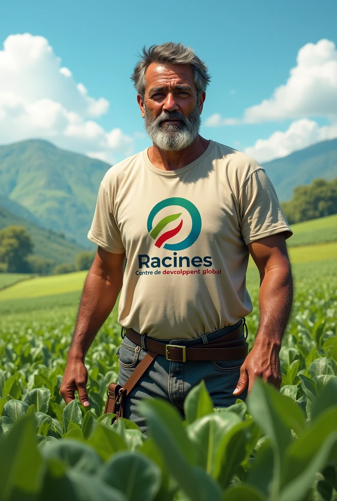 Un agriculteur avec un t-shirt avec mention Racines Centre de développement global