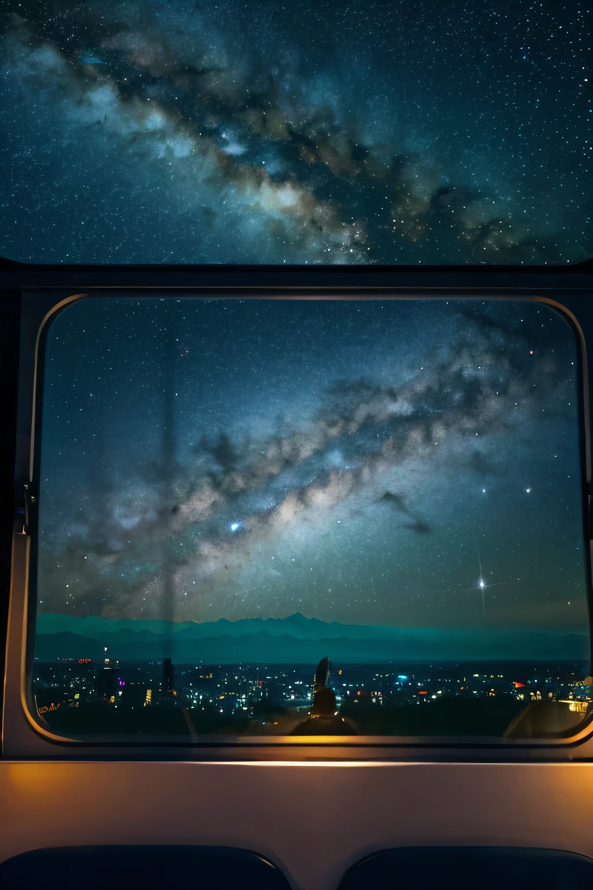 Midsummer,Japan,A starry sky and the Milky Way seen from the train window,No humans,Highly detailed CG 8k highest quality vibrant colors