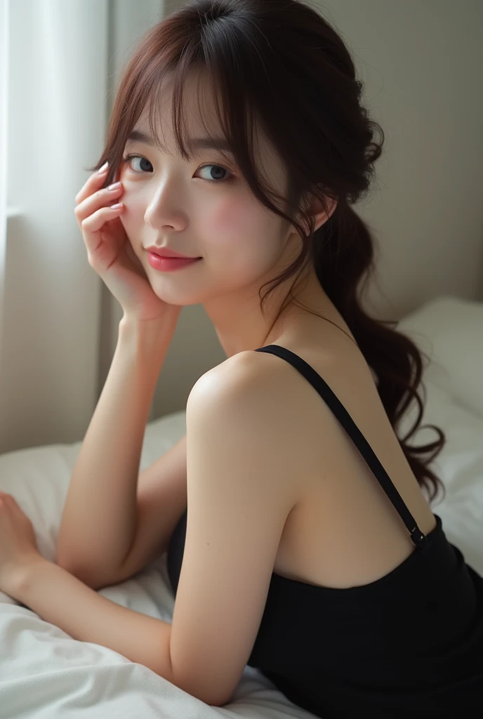 Highest quality、Portrait、Back view、Reality、live-action、Back view、Japanese、18-year-old、(Hostess)、Brown Hair、private、Off-shot、(Living Style:1.3)、(1 person)、(slender:1.2)、(Black camisole:1.3)、Lying down