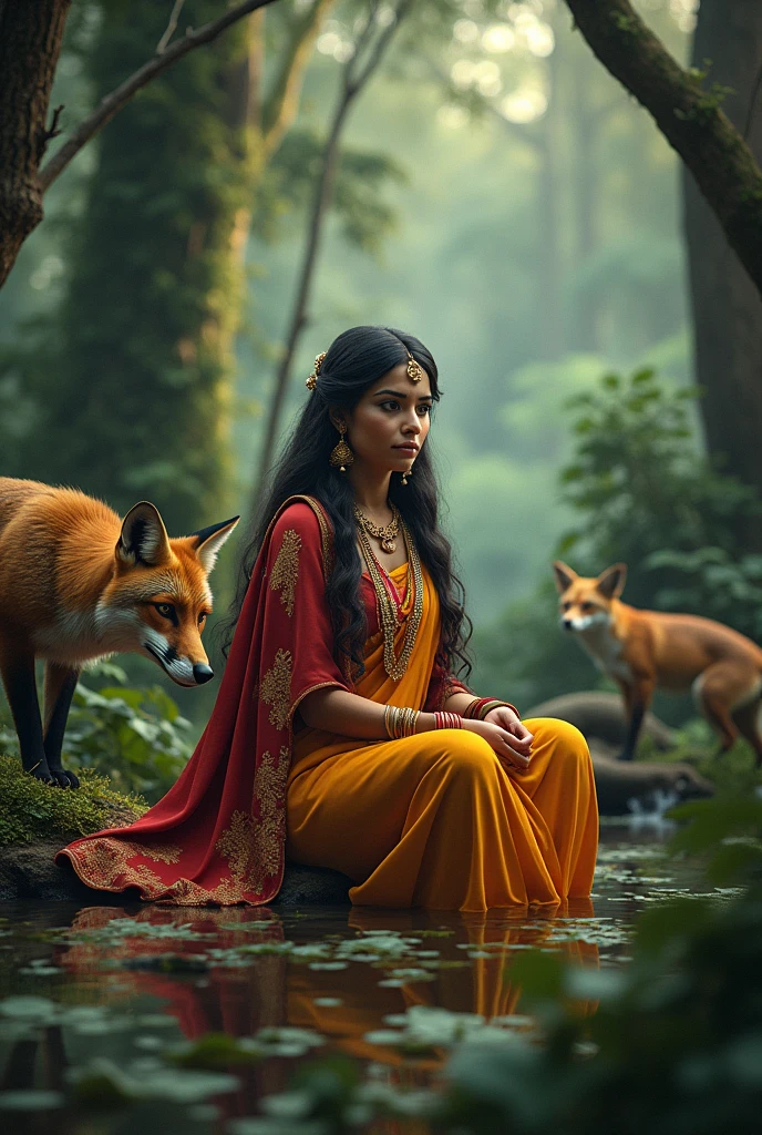 (photorealism:1.2), Indian beautiful woman, sitting in densus forest around dangerous fox many more animals