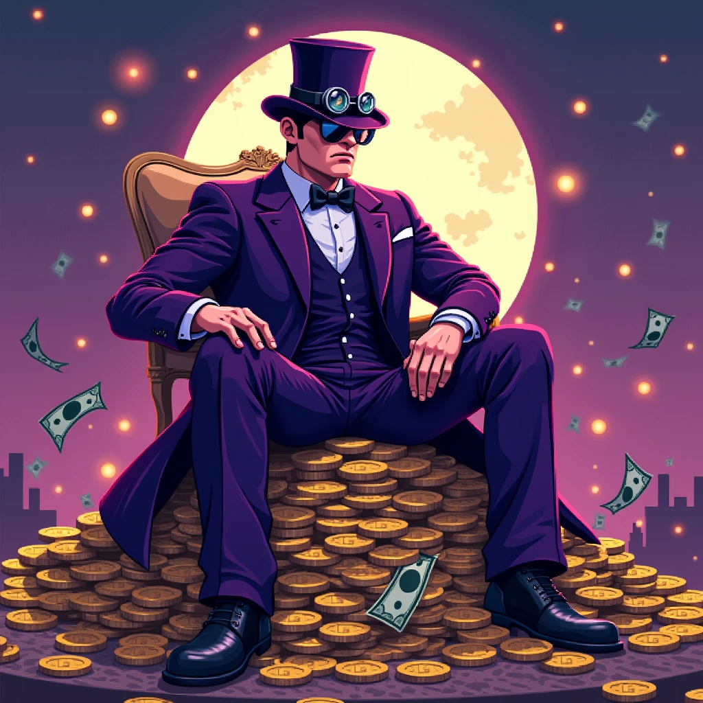 A pixel art image of a gangster character sitting on a pile of coins, wearing a purple suit and a tall top hat with goggles, similar to the one in the image. The scene is set against a moonlit background with money flying in the air. (high resolution, pixel art, purple tones, retro, top hat, gangster theme)