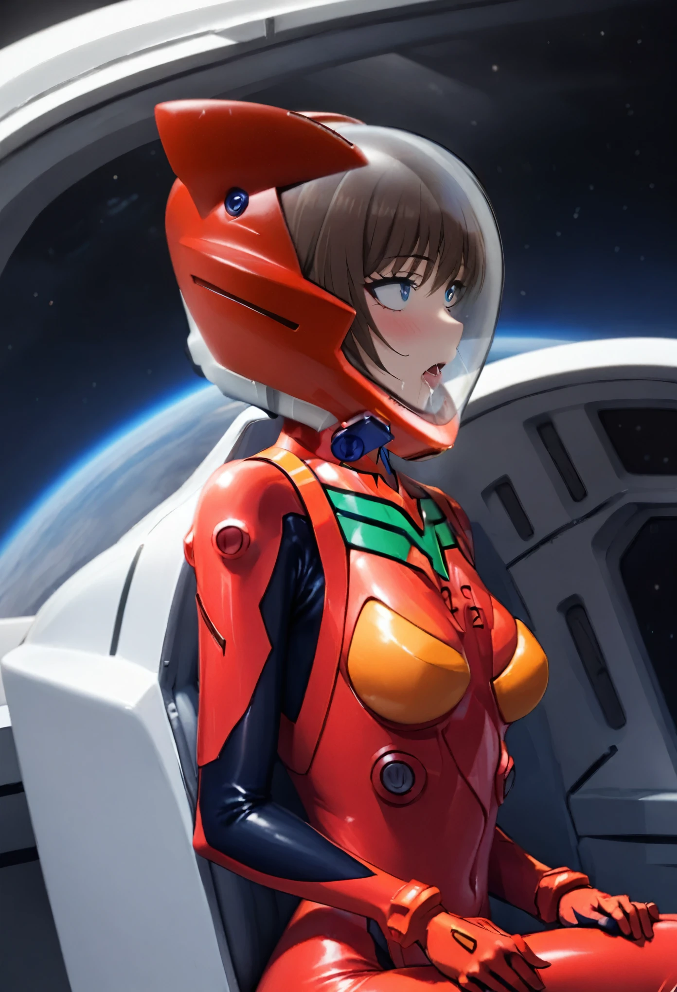 eva helm, evangelion,, plugsuit , space helmet, eva helm,red bodysuit, short hair, upper body,,plugsuit, red bodysuit,evangelion,(red helmet:1.2), space helme, cat ears, smile, FROM SIDE,Japanese female,hort hair, bangs, blue eyes, brown hair, ahegao, red helmet, kafka,from side
