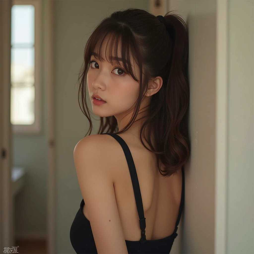 Highest quality、Portrait、Back view、Reality、live-action、Back view、Japanese、18-year-old、(Hostess)、Brown Hair、private、Off-shot、(Living Style:1.3)、(1 person)、(slender:1.2)、(Black camisole:1.3)、Lying down
