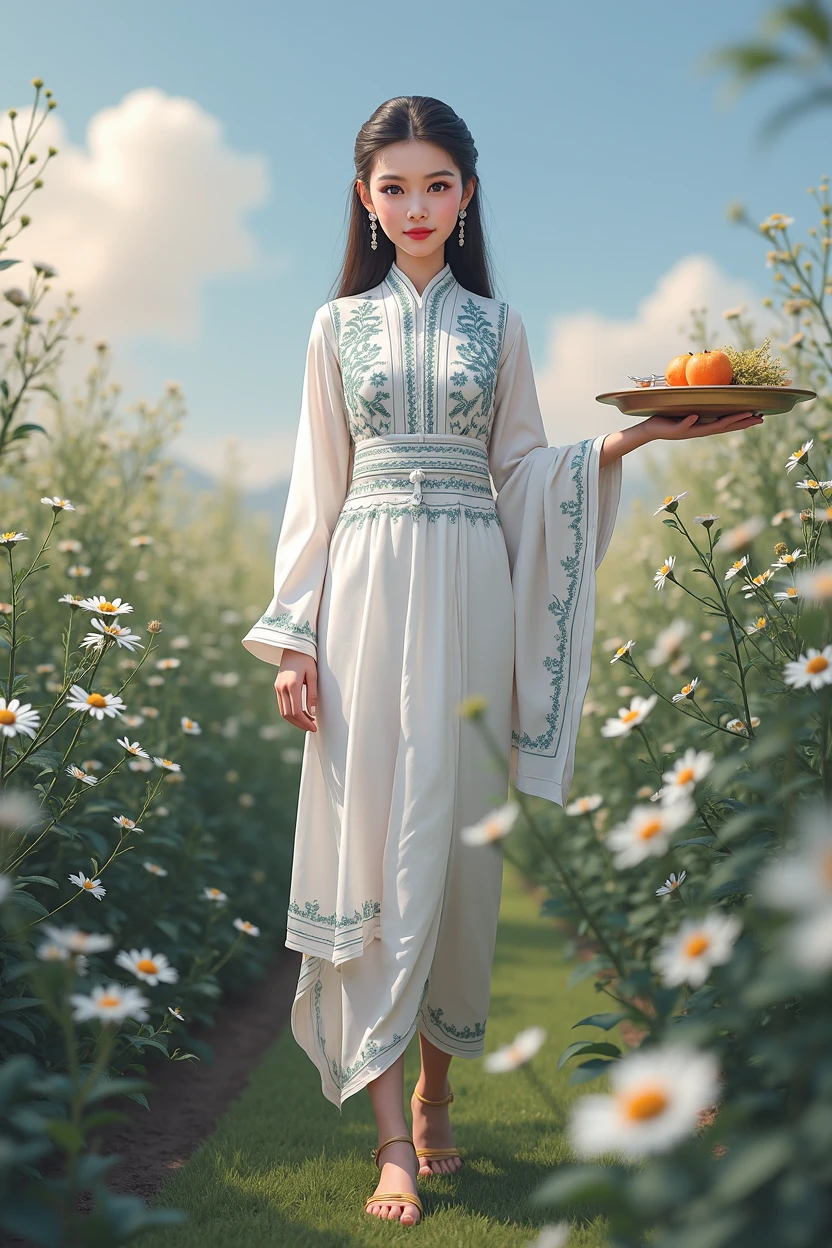 1 girl in traditional Myanmar outfit, beautiful detailed eyes, beautiful detailed lips, extremely detailed face, longeyelashes, holding a tray, outdoor natural light, warm lighting, intricate traditional patterns, vibrant colors, highly detailed, photorealistic, 8k, masterpiece, studio lighting, professional