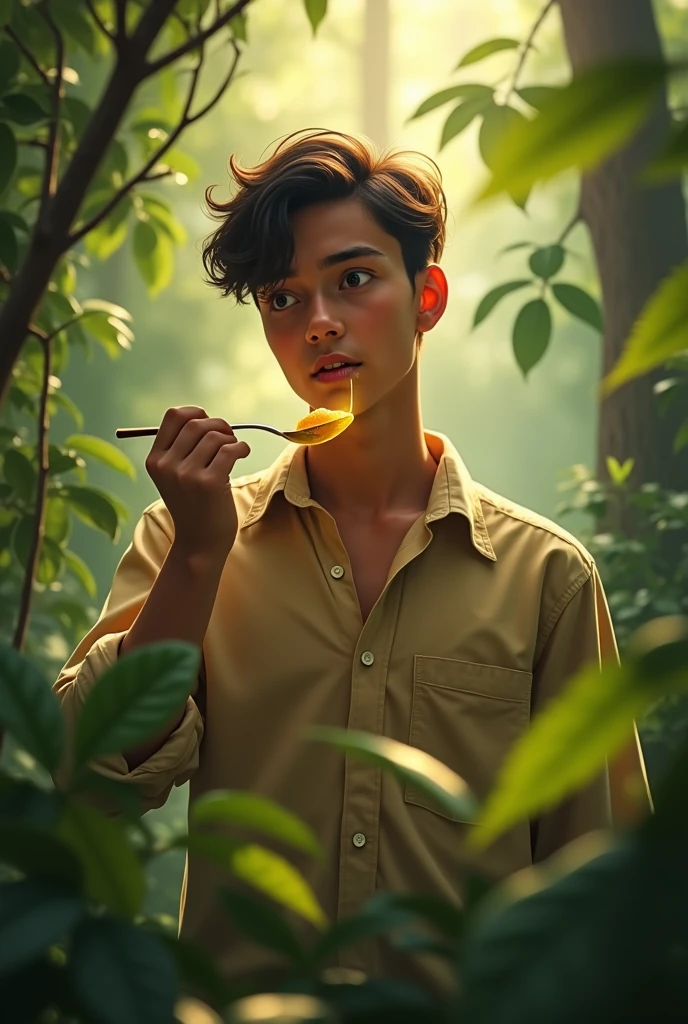 A depiction of a young man in the forest overcoming anxiety by drinking a spoonful of pure honey.