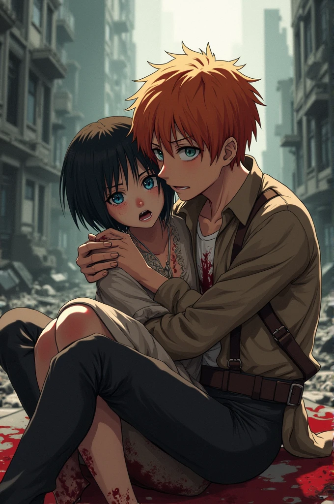 a guy with orange hair and blue eyes, White T-shirt, dark gray pants, covered in blood, not smiling, does not blush, sad look blood on face, blood everywhere, hugs the girl on his lap, with very short dark brown hair, With Your Eyes Closed, dying, not smiling, does not blush, face in blood, The body is covered in blood, clothes covered in blood, in a dark green shirt and a dark brown long skirt, all in blood, anime art, masterpiece, realistically, super detail, professional quality