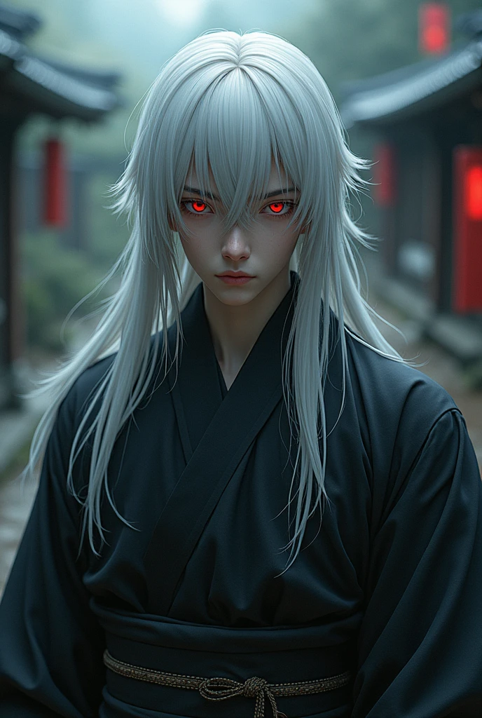 20th Generation　male　Medieval　Long Hair　White Hair　Hanging eyes　Eye color: Red　kimono　Suspicious atmosphere