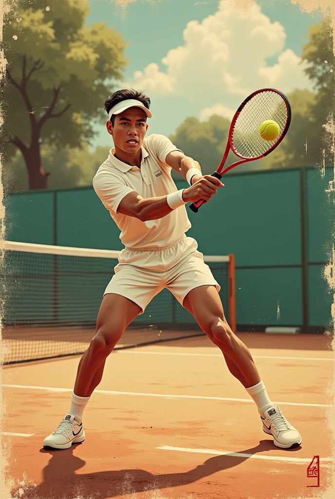 Vintage、Vintage風、An illustration、tennis、tennisプレイヤー、Foreigners、smash、One person、tennisコート、Old Posters、tennis、tennisコート、An illustration、Vintage