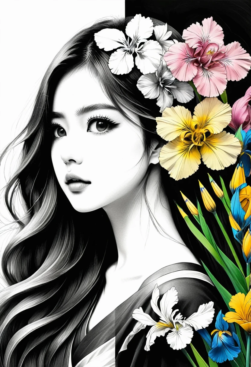 (Anime line drawing:1.5)，(black andwhite:1.45)，minimalism，(line art:1.6)，outline，Charcoal drawing，mask，flowers，The artwork should transition from a black and white pencil drawing style on the left half to vibrant colors on the right half., Ensure seamless integration between the two halves, without any dividing line, The scene is identical on both sides, with the left side featuring detailed black and white pencil strokes and the right side filled in with color, creating a harmonious blend throughout the image