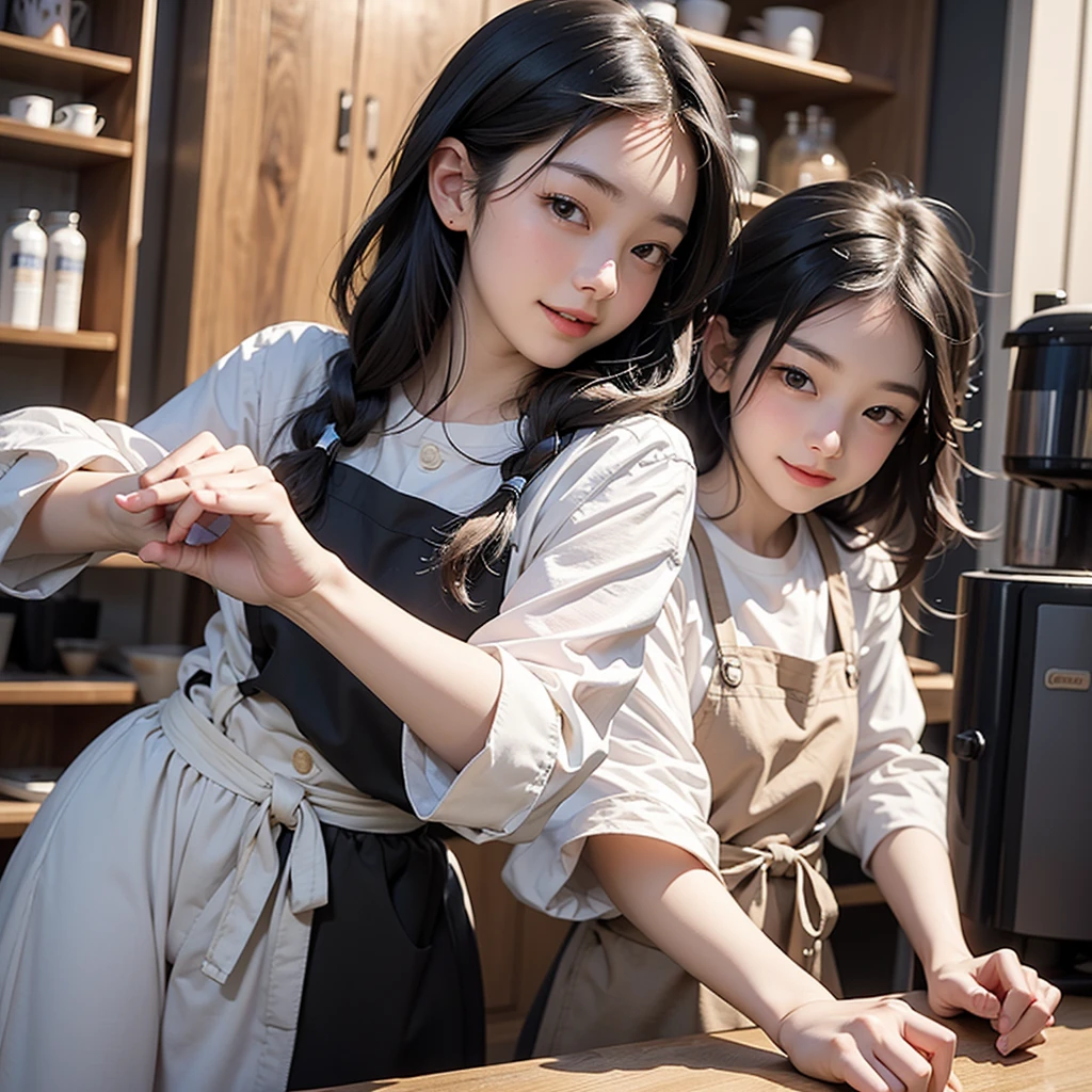 beautiful, cute, A long-haired teenage girl from Taiwan、Wearing a barista apron without underwear、Playing energetically and happily with small children&#39;s toys。. HD Quality Photos, Reality