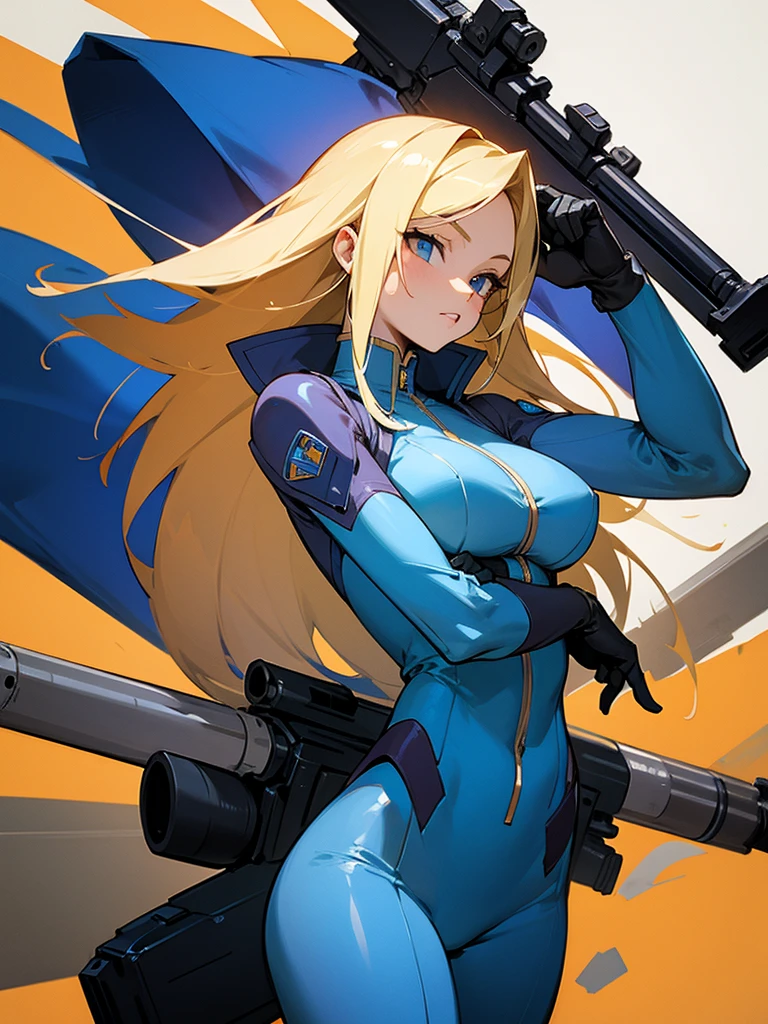 Blonde girl in a blue suit with a big gun