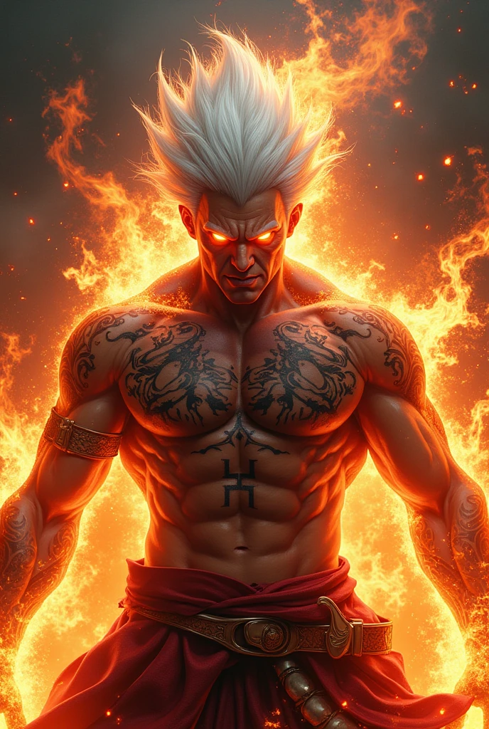 (masterpiece), (best quality), (detailed), detailed face, a male god, asura god, god of destruction, god of war, white hair, battle scars, torso symbolic japanese tattoo, flames around body, raging, flaming eyes, dark attributes, japanese style, foo dogs, rampage