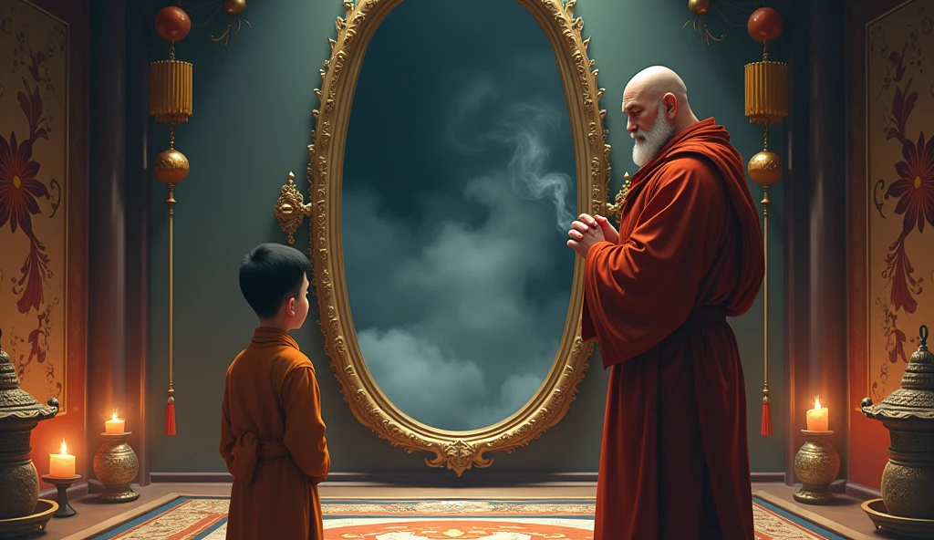 Young monk student looking at large mirror which is hanging inside room and next to him his master monk is standing who looks fat but wisdom full , in anime style,