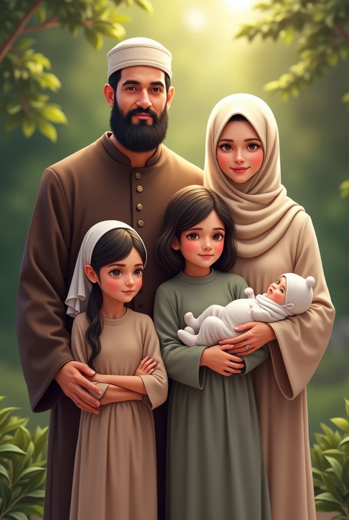 A 38 years old Muslim man with beard wearing a Muslim cap with his wife and three daughters. Daughters ages are 15 5 years and 3 months