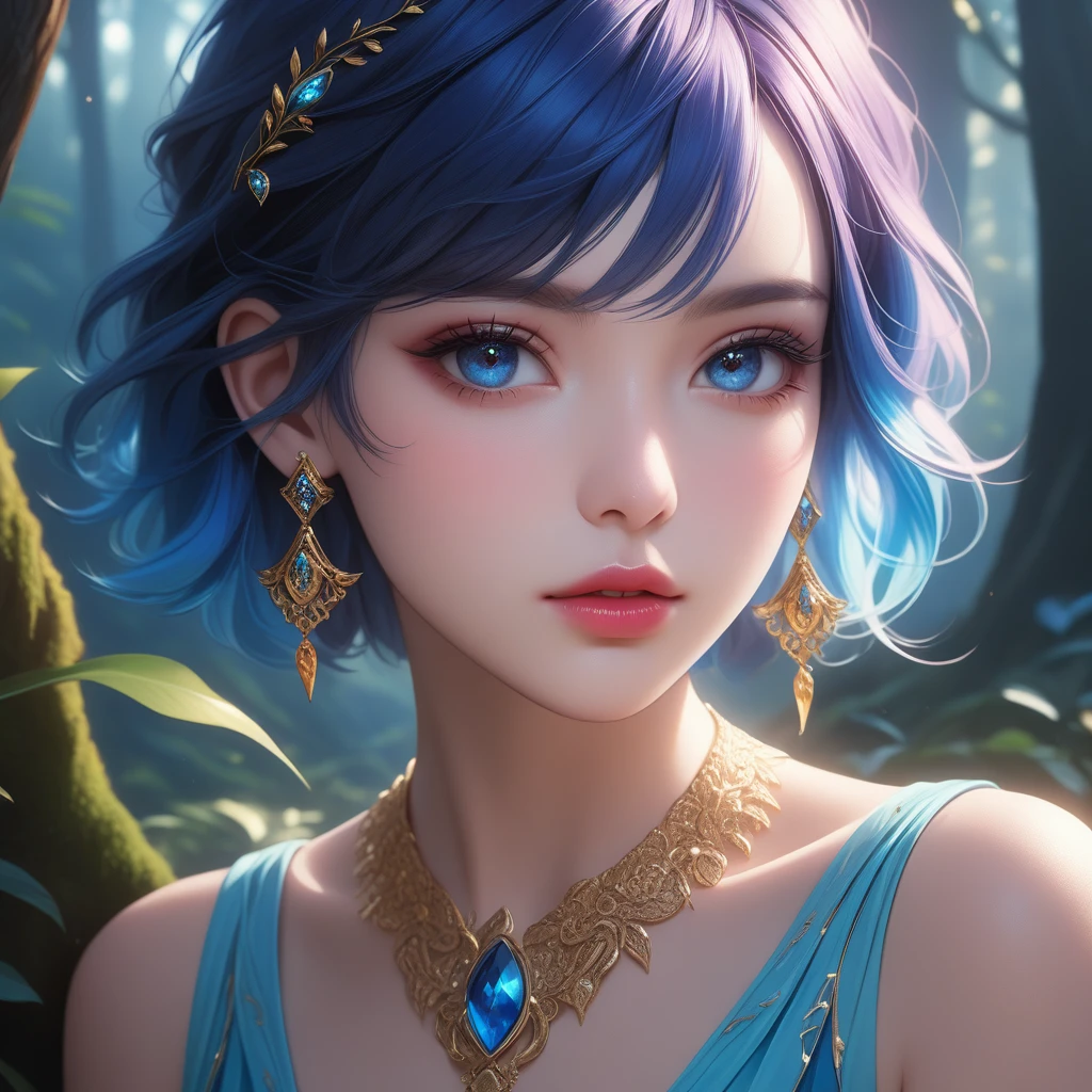 1 girl, short blue hair, earrings, detailed face, beautiful eyes, detailed lips, porcelain skin, intricate jewelry, delicate features, elegant expression, photorealistic, hyperrealistic, 8k, masterpiece, exquisite lighting, vibrant colors, dramatic lighting, cinematic composition, ethereal atmosphere, fantasy landscape, enchanting forest, magical elements