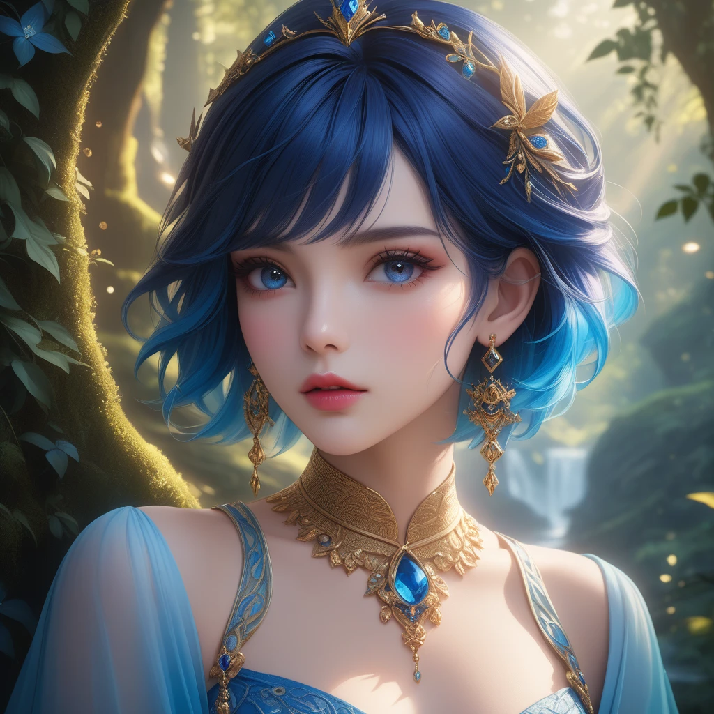 1 girl, short blue hair, earrings, detailed face, beautiful eyes, detailed lips, porcelain skin, intricate jewelry, delicate features, elegant expression, photorealistic, hyperrealistic, 8k, masterpiece, exquisite lighting, vibrant colors, dramatic lighting, cinematic composition, ethereal atmosphere, fantasy landscape, enchanting forest, magical elements