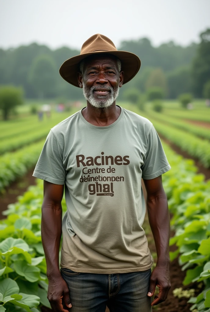 Un agriculteur noir avec un t-shirt avec mention Racines Centre de développement global