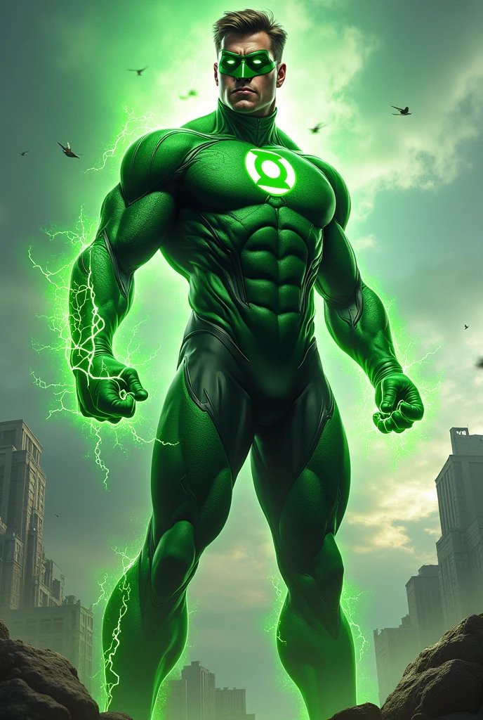 create a very powerful superhero inspired by the green lantern costume with another color




