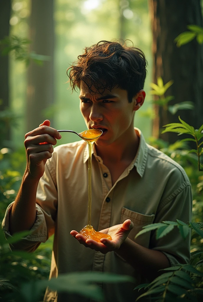 A picture of a young man in the forest who is very anxious while drinking a spoonful of pure honey.
