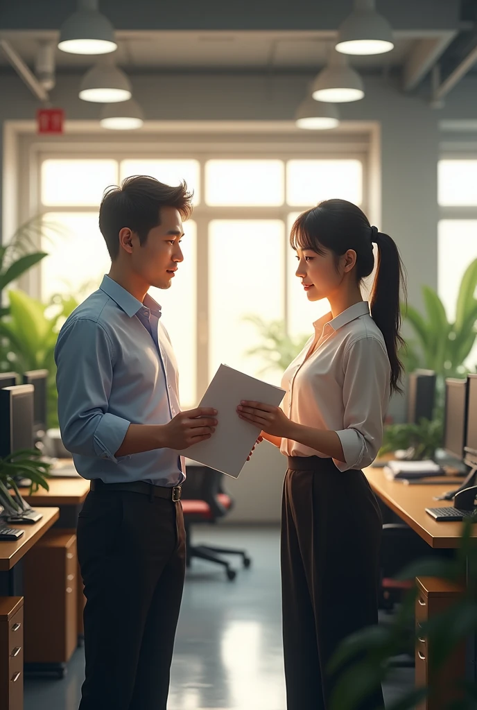 In a closed office, there are two people are discussing something about the content of an A4-sized document, the surrounding environment has desks and chairs, there are green plants, according to the content of the above to generate a realistic picture and the place where it happens is in China!