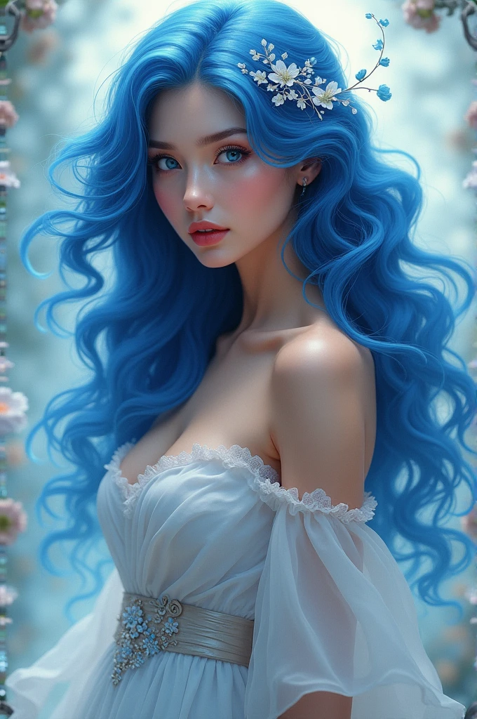 Blue hair, long hair, curly hair, dress up, beautiful woman, hair accessory