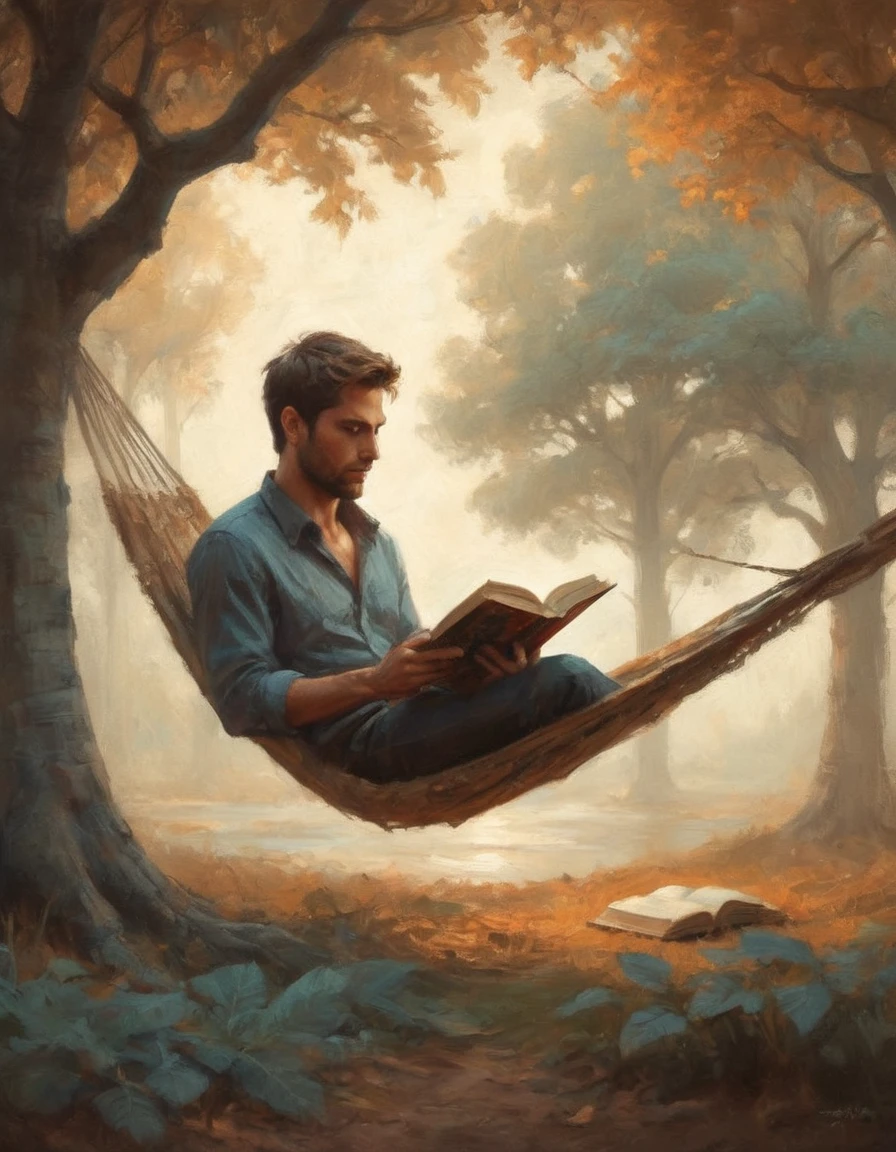 Hyperreal digital art style, "Fairytale", fantasy world coming out of centered book, open book, hyperdetailed double exposure fantasy illustration, masterpiece, cinematic, by Andreas Lie, Luke Gram, photorealism, backlit, gorgeous light, a man resting in a hammock reading a book, epic fantasy scene