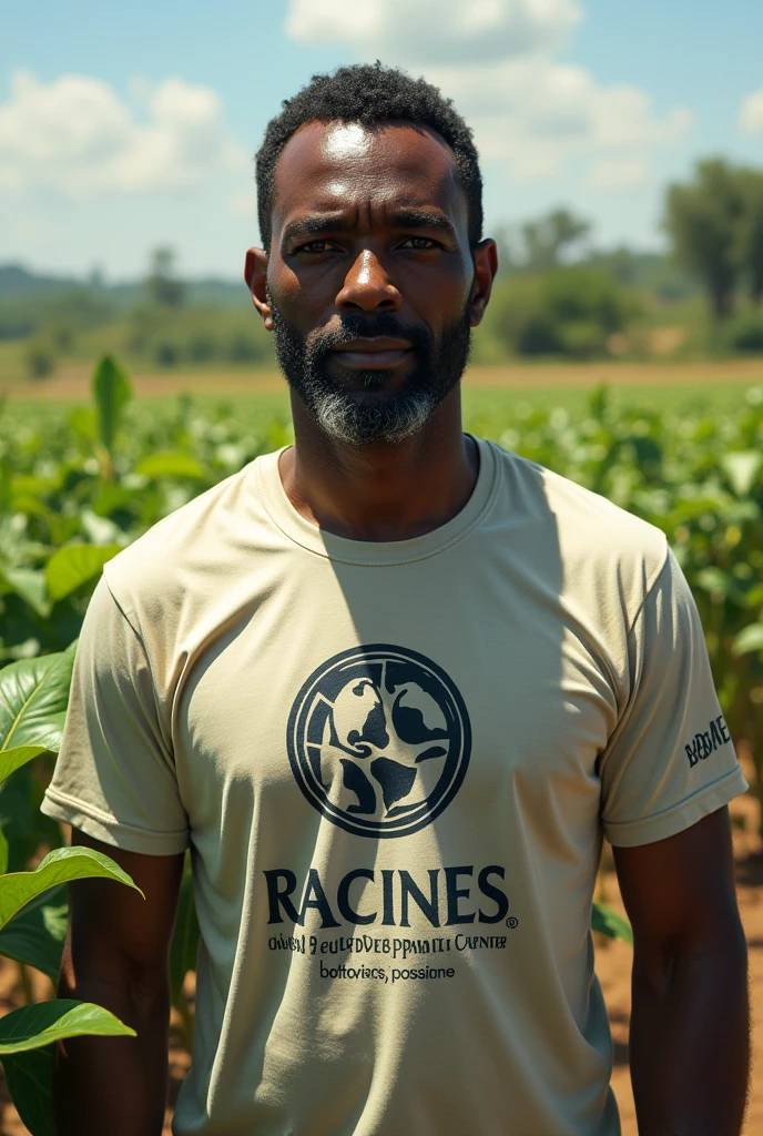 Un agriculteur noir avec un t-shirt avec mention Racines Centre de développement global 