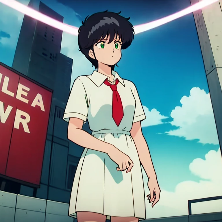 One person,前hair,black_hair,green_null,bridge,building,city,city,cityscape,cloud,Day,dress,Looking_in_Audience,Outdoor,red_Neckwear,red_ribbon,ribbon,river,short_hair,short_sleeve,null,nullscraper,一人in,Are standing,town,winer,(masterpiece,anime,newest,new,Exceptional:1.2),