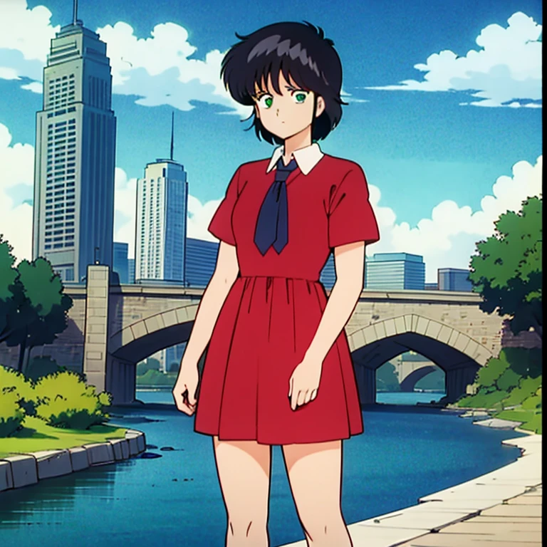 One person,前hair,black_hair,green_null,bridge,building,city,city,cityscape,cloud,Day,dress,Looking_in_Audience,Outdoor,red_Neckwear,red_ribbon,ribbon,river,short_hair,short_sleeve,null,nullscraper,一人in,Are standing,town,winer,(masterpiece,anime,newest,new,Exceptional:1.2),