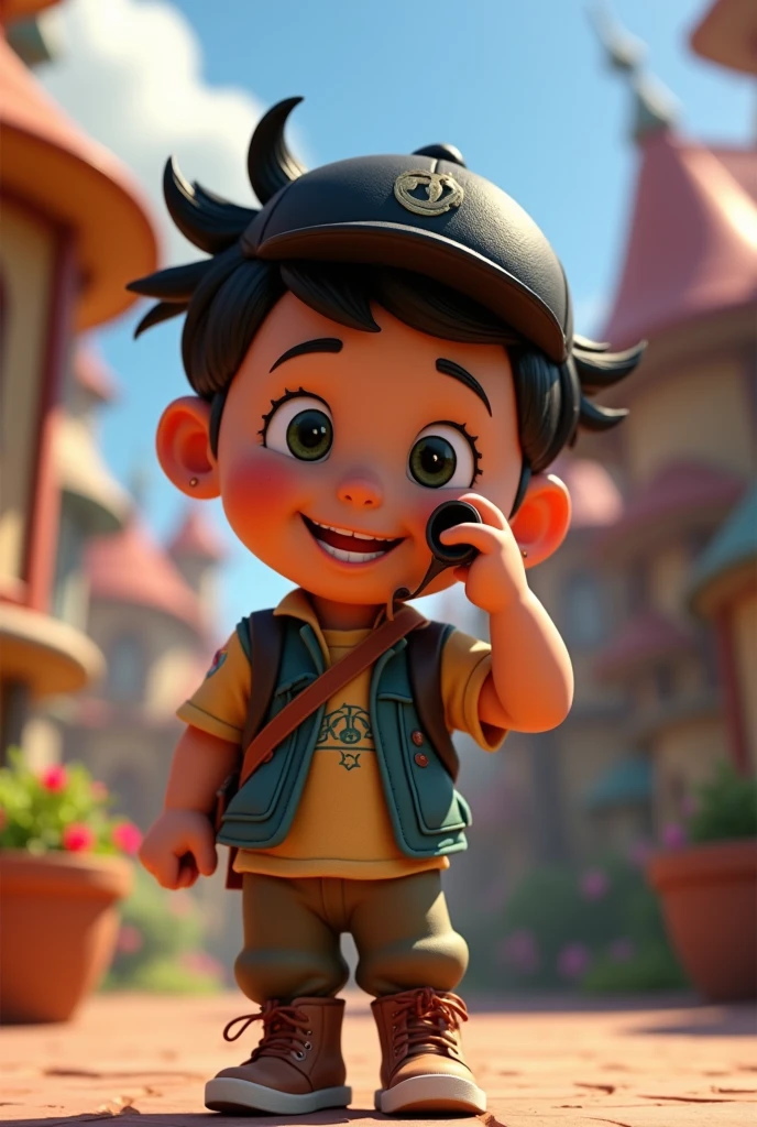 disney pixar 3d character of a fair-skinned boy with a black cap and looking through binoculars.body tilted to the left, happy smile,
, (best quality, ultra-detailed, realistic:1.37), vibrant colors, studio lighting, [3d rendering], [captivating expression], [playful pose], [outdoor environment], [attention to facial details], [lively background], [impressive artwork], [expressive eyes], [youthful energy], [detailed outfit], [distinctive black hair], [focus on camera], [playful atmosphere], [vivid colors], [dynamic composition], [attention to lighting and shadows], [engaging narrative], [creative exploration], [fantasy-inspired], [whimsical touch], [inspiration from Disney Pixar aesthetics], [magic in the air], [exciting adventure], [enthusiastic expression], [dynamic perspective], [joyful spirit], [captivating storytelling], [impressive detail in surrounding objects], [attention to textures and materials], [charming atmosphere], [captivating character design], [emphasis on facial features], [professional quality], [artistic finesse], [attention to depth and dimension], [playful interaction with the camera], [immersive experience], [expressive gestures], [energetic movement].