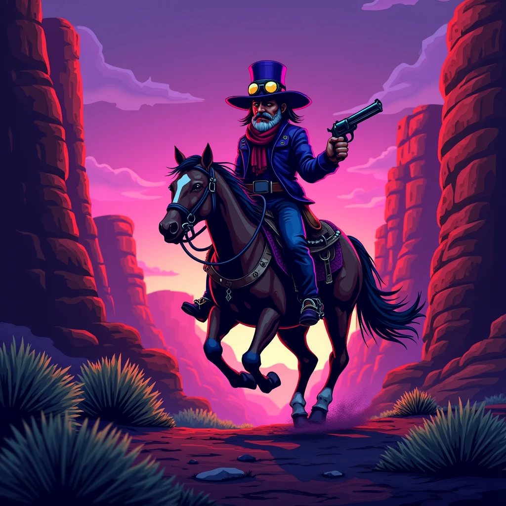 A pixel art cowboy character wearing the iconic purple top hat with goggles, riding a horse through a neon-lit canyon under a purple sky. The cowboy is holding a revolver, ready for action. (high resolution, pixel art, purple tones, western theme, retro style)