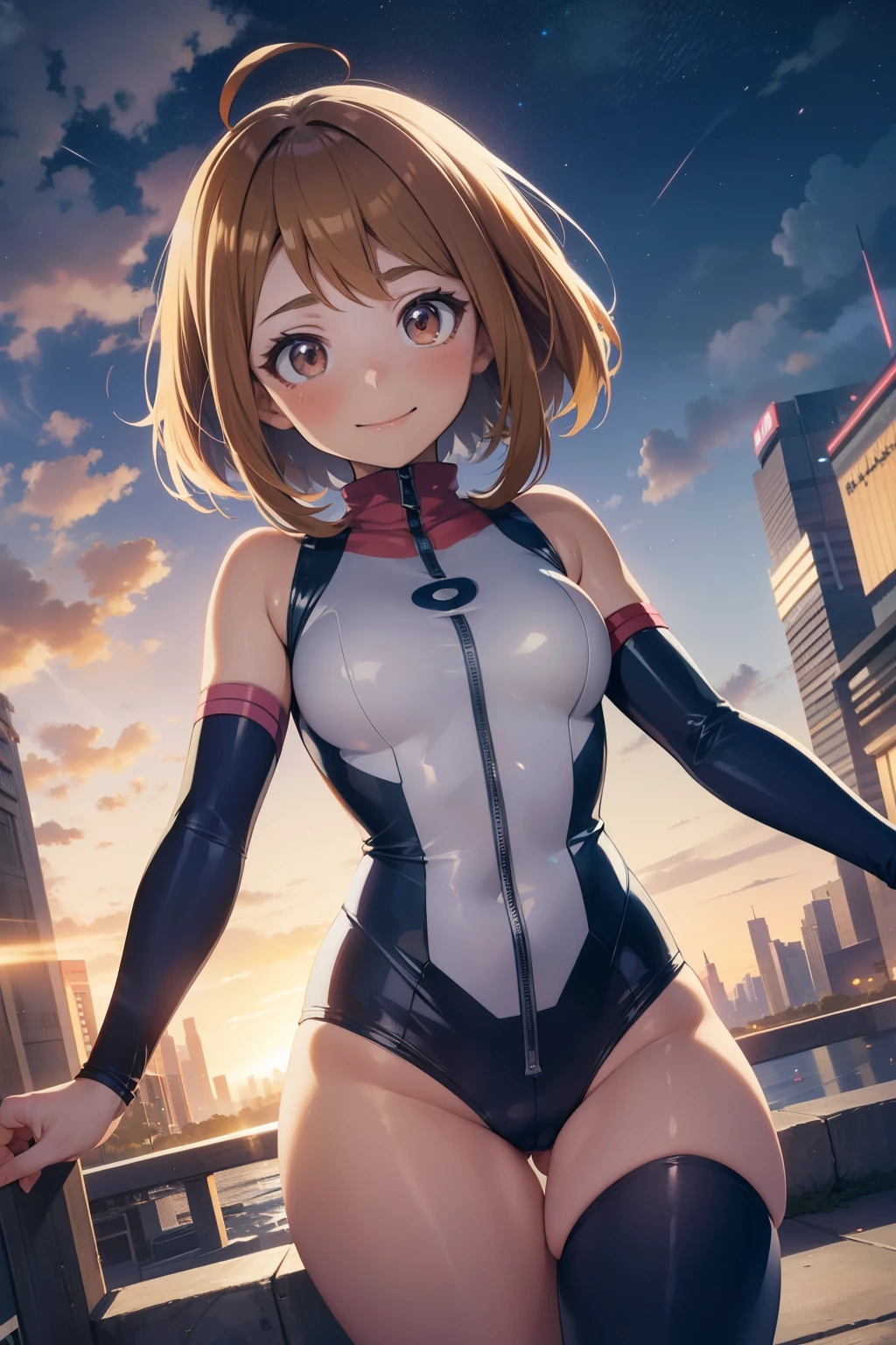 Ochaco Uraraka  ,1girl , anime , masterpiece  ,  smug smile ,short hair, hero uniforme  leotard  ,uravity  , medium  breasts , coxas , night  city, sexy 