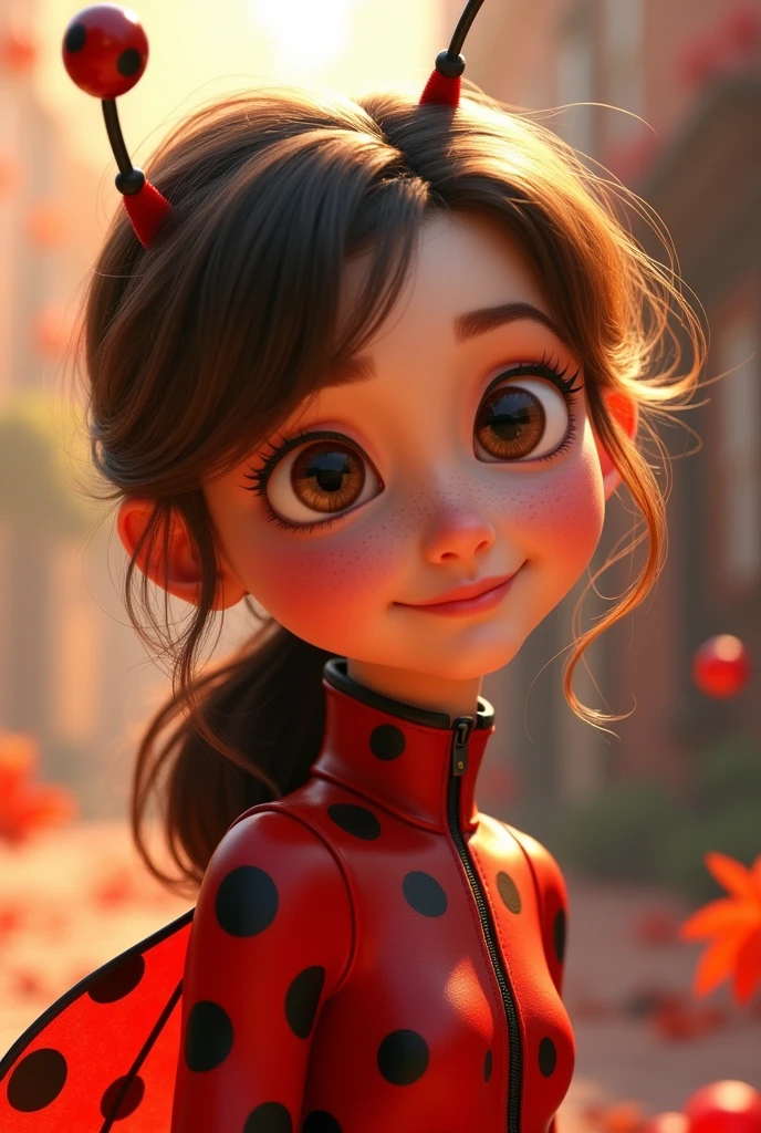 Pixar style Ladybug character with brown hair and brown eyes,  
